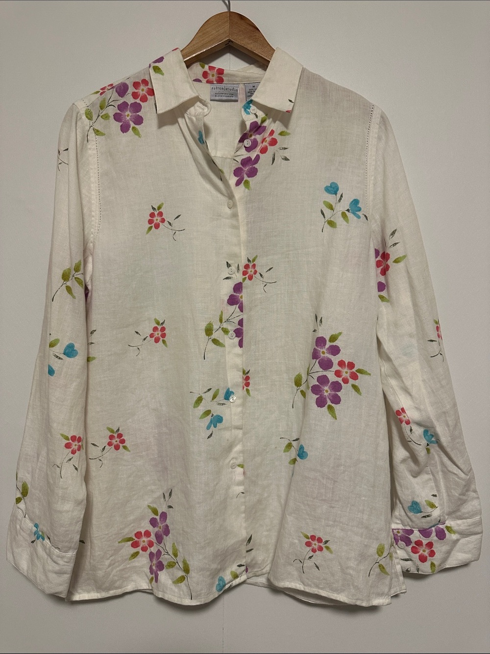 Sutton Studio White Linen Button-Down with Pink, Purple & Blue Floral Print